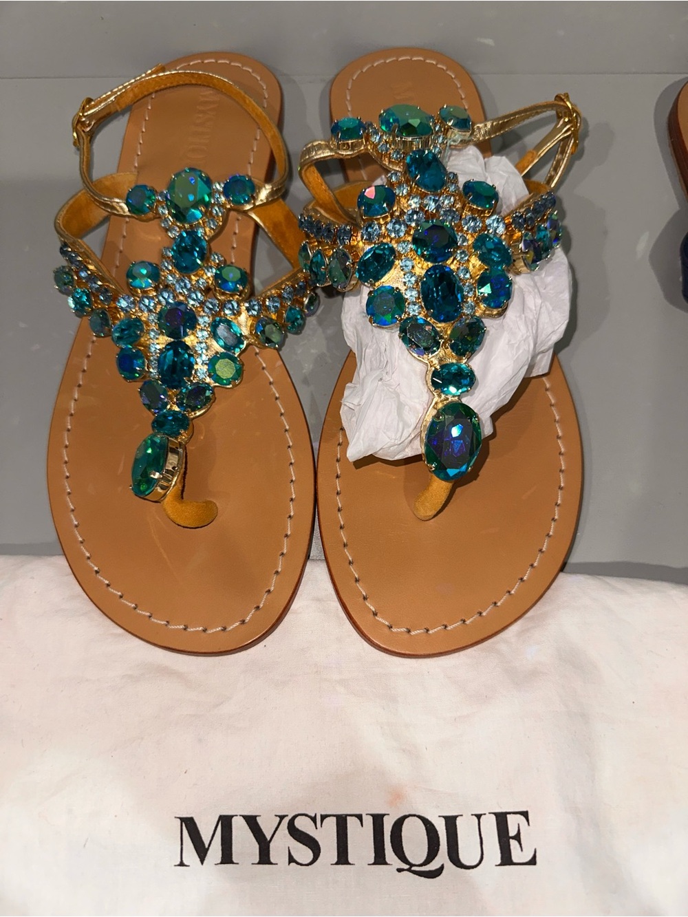 Mystique Boutique Gold Sandals with Teal Gem Embellishments - Picture 2 of 3